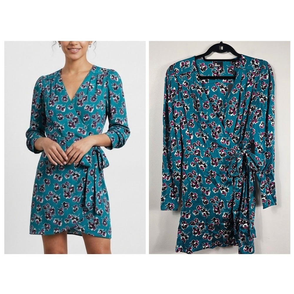 The Kooples Rock Roses Wrap Dress Women 3 Teal Floral Mini Long Sleeve Luxury